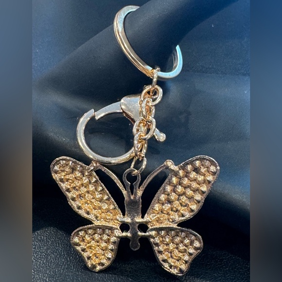 BAG CHARM  Gold Tone Clear Crystal Butterfly Bag Charm Keychain Mint - Picture 3 of 5